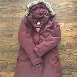 Women's Burgundy North Face Parka with Faux Fur Hood